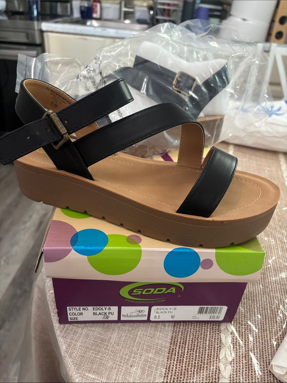 Soda Black Strappy Platform Sandal with Brown Sole